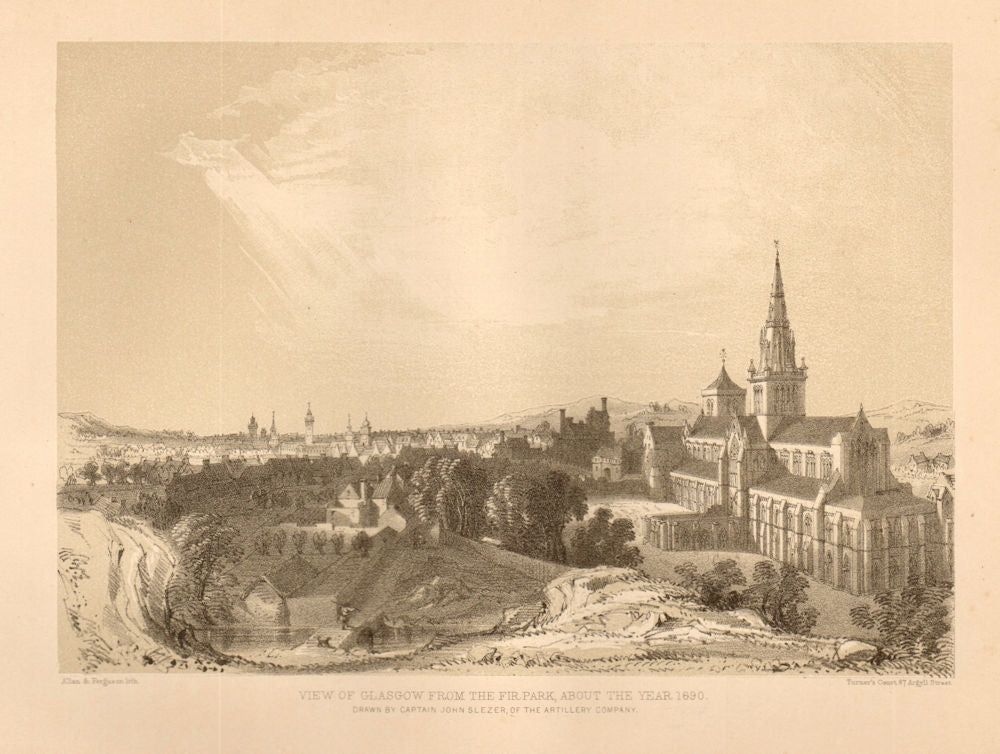 View of Glasgow from the Fir Park, about the year 1690 1848 old antique print